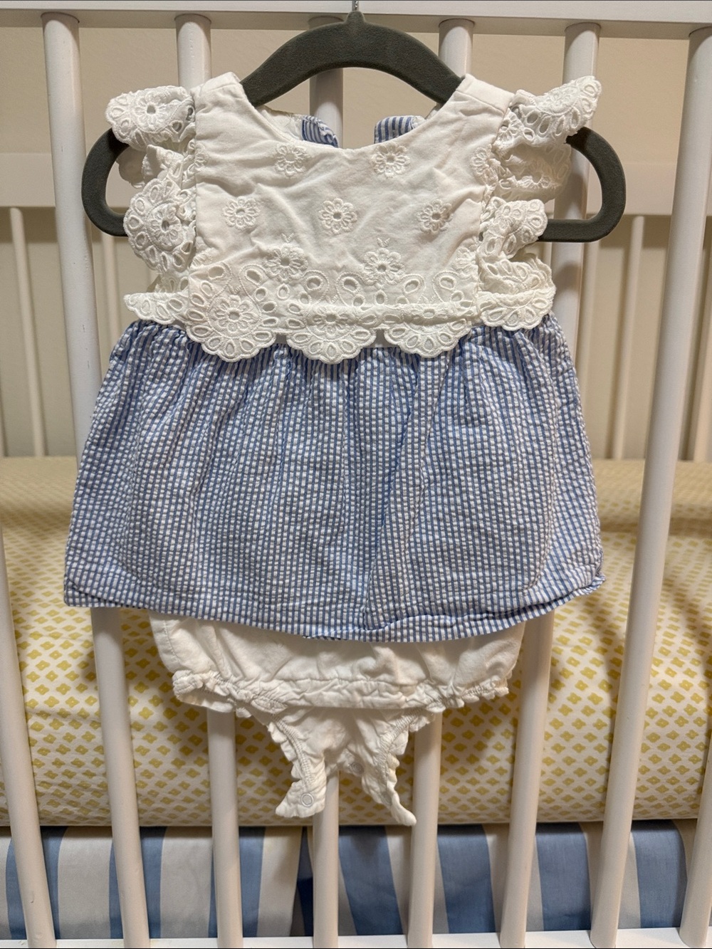 Janie and Jack White Eyelet Top with Blue Striped Skirted Diaper Cover
